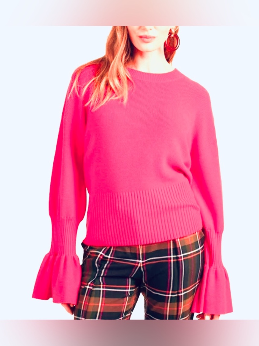 NWT Trina Turk Chloe Merino Wool Ruffle Sleeve Dragon Fruit Pink Sweater Top XL